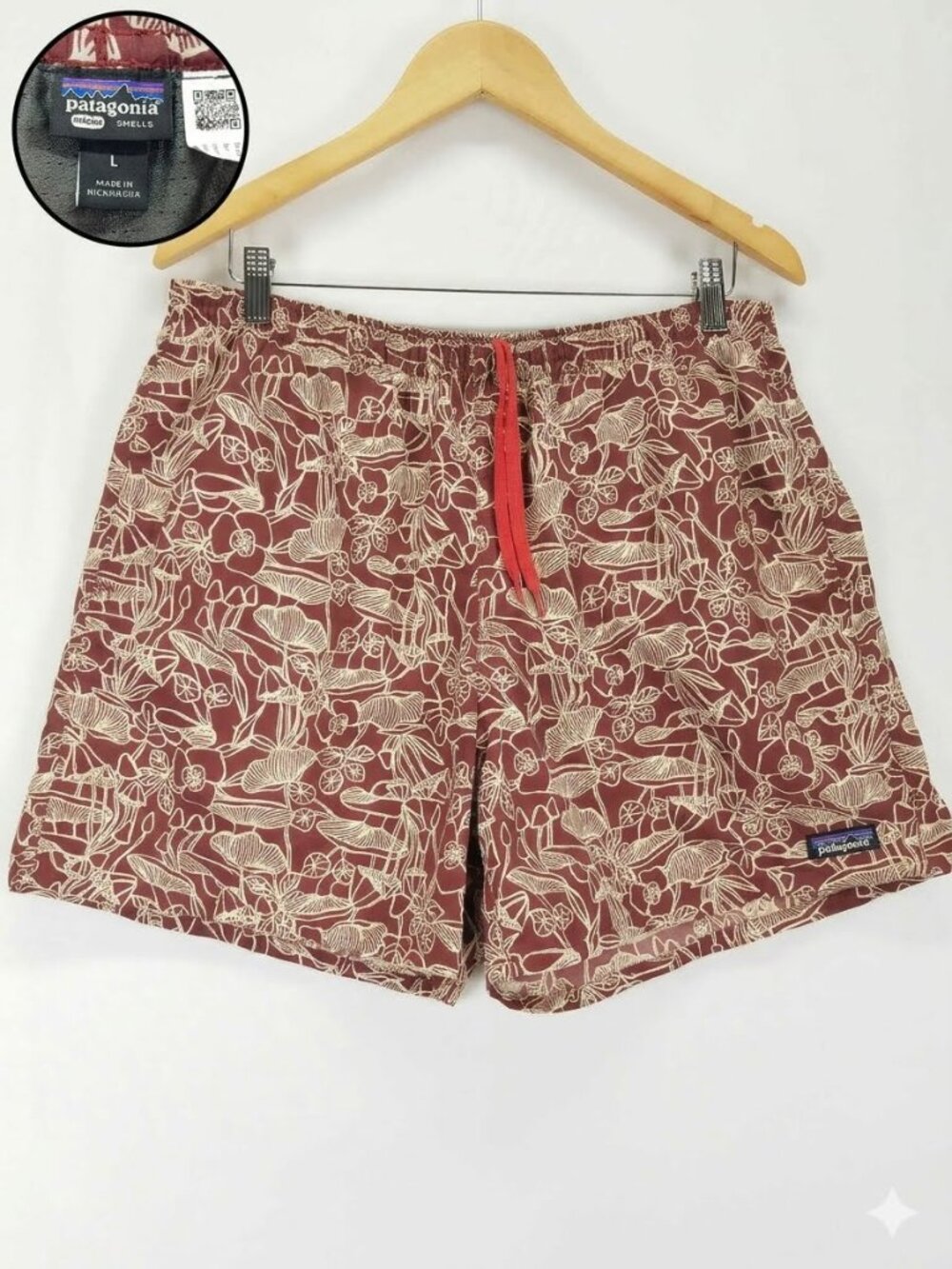 Patagonia 5" Baggies Swim Shorts Size L Brown Forest Floor Mushroom Print Lined